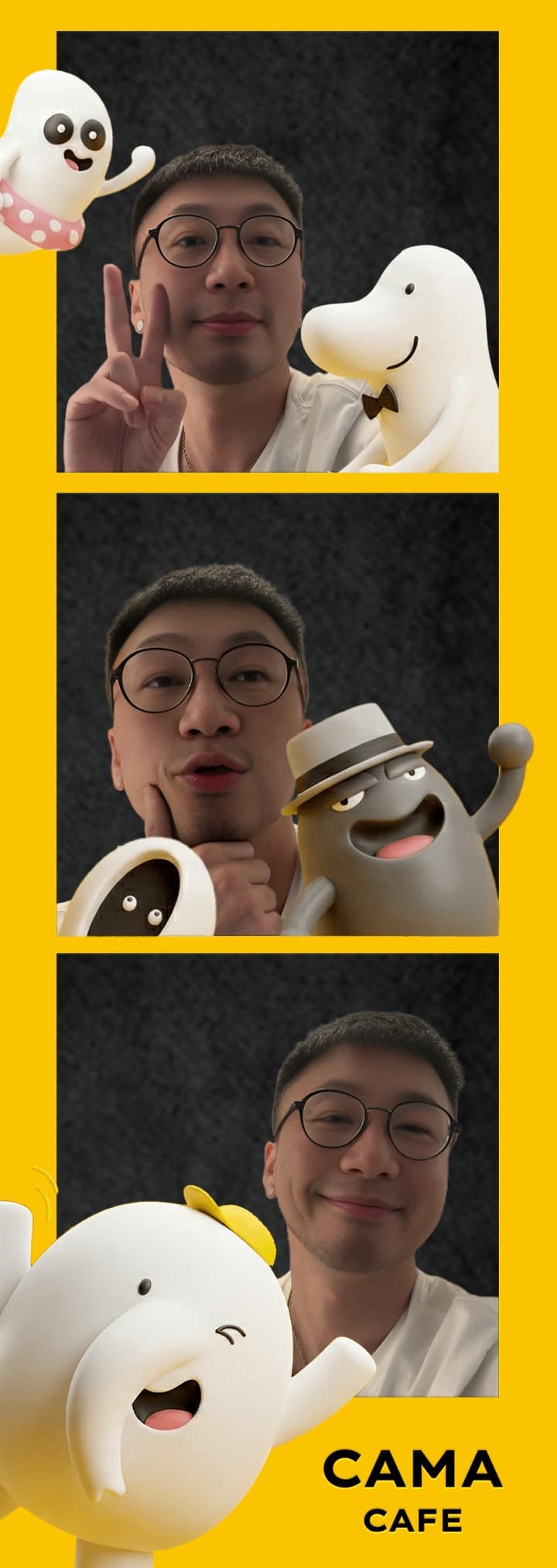 四格拍貼條：三位同事的四個表情，CAMA CAFE 邊框