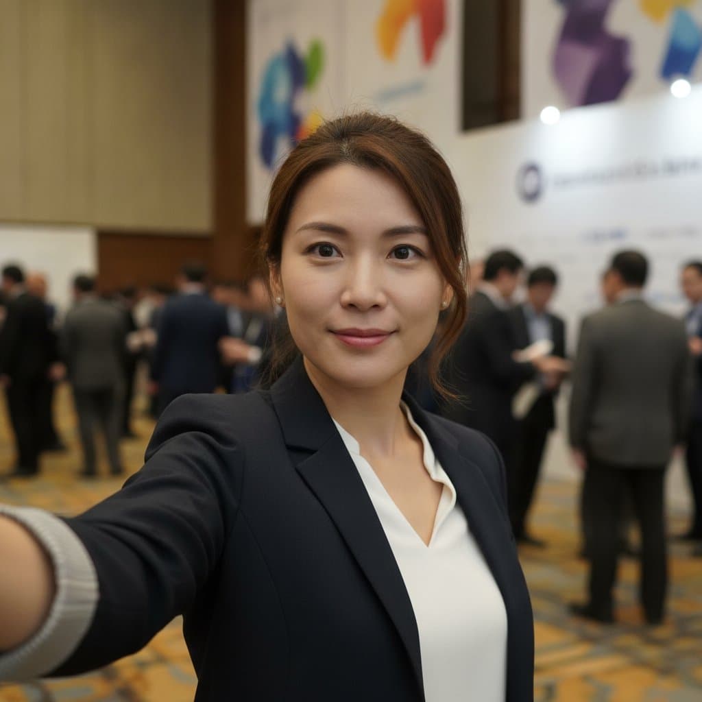 示意：展場自拍（左）是輸入，攝影棚風格形象照是輸出；成品範例見上方（AI 生成示意圖）。