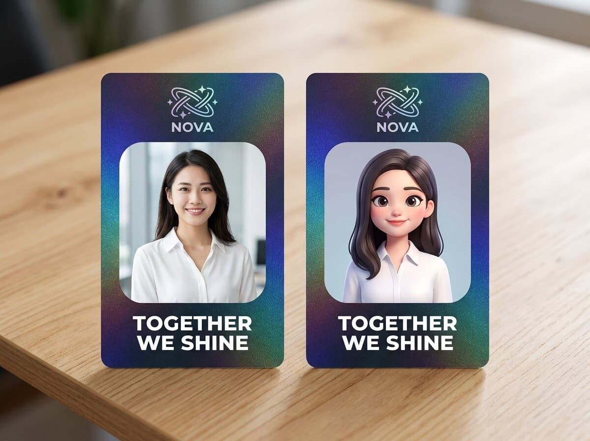 同一位員工的兩張直式 PVC 卡：左為原始個人照，右為 AI 卡通風