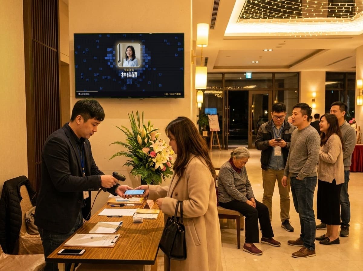 入口報到完成,牆上大螢幕同步跳出照片與姓名