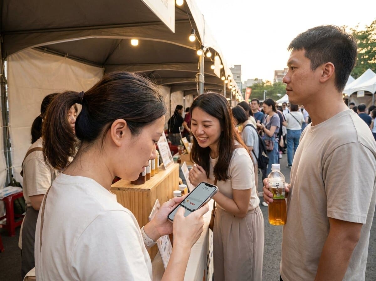 品牌快閃攤位前,朋友們互相比較遊戲成績