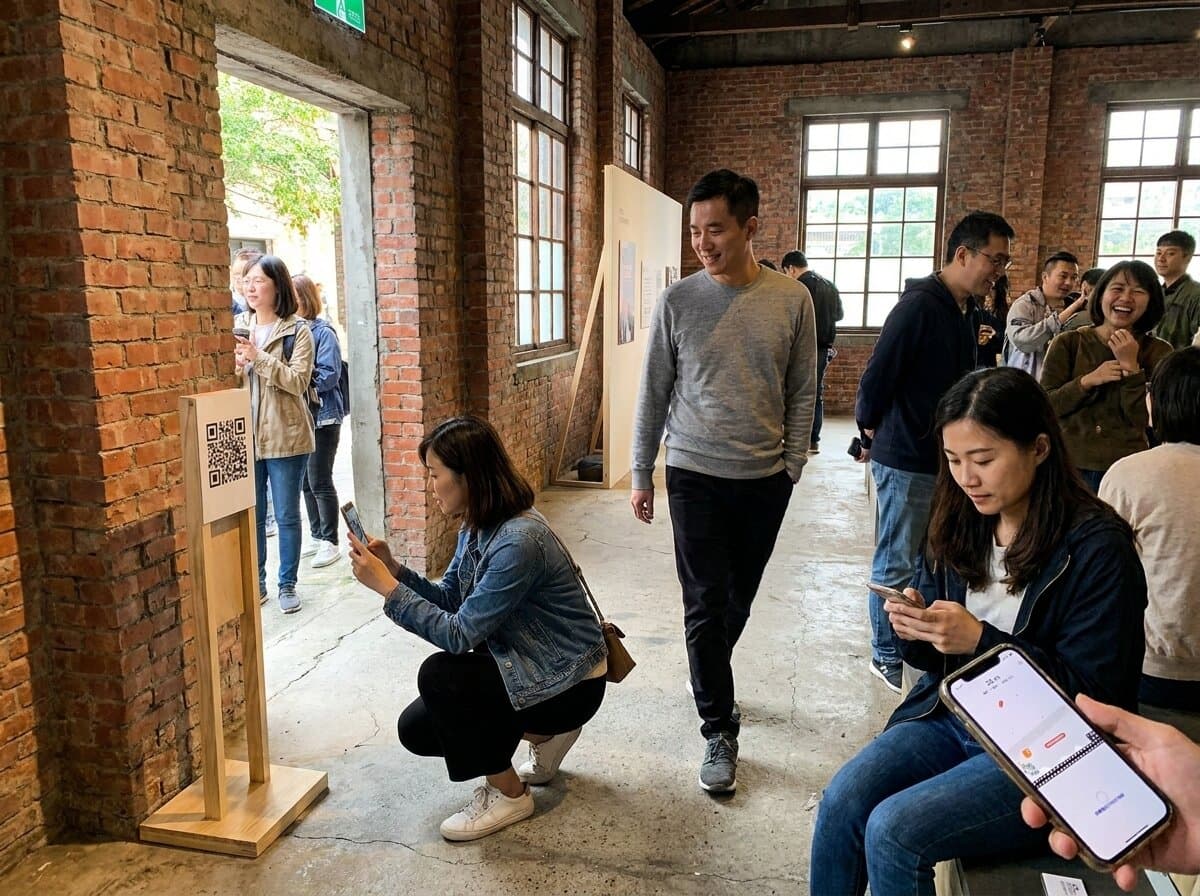 展覽入口放一張 QR Code 立牌,參觀者掃碼後在手機上開玩