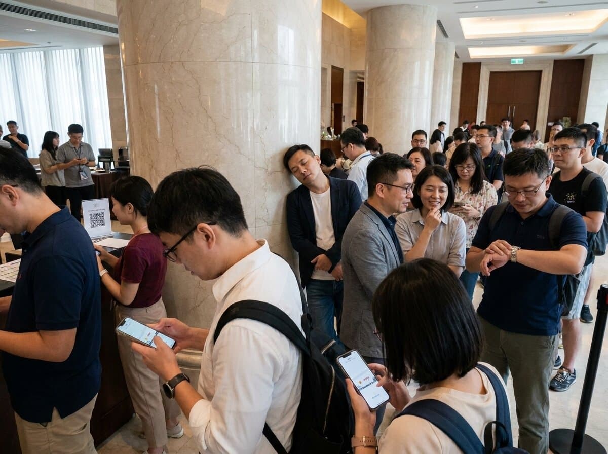 活動報到區排隊時,賓客用手機玩小遊戲打發等待時間